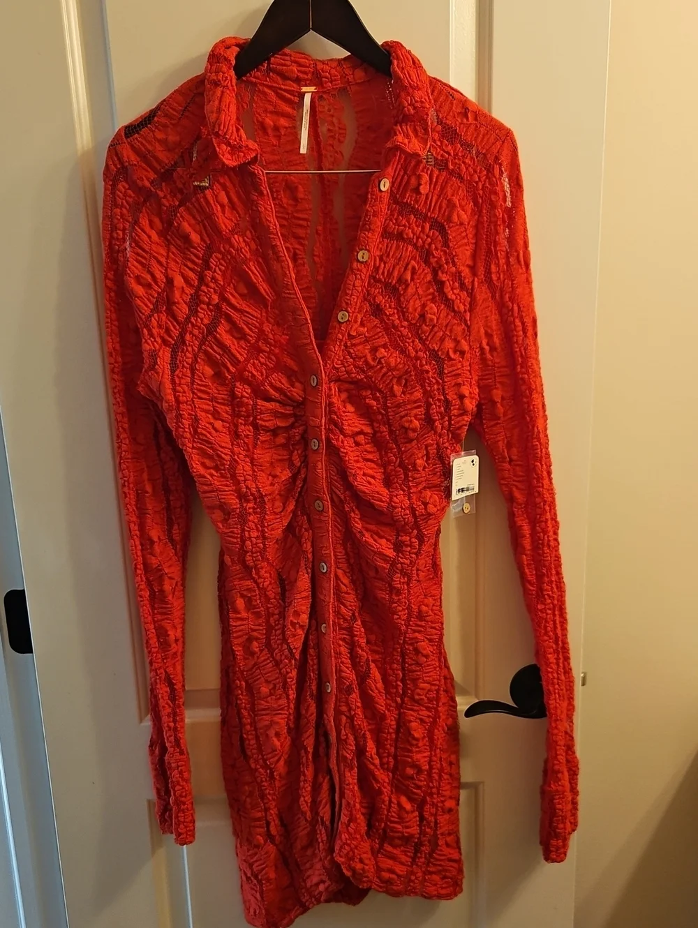 NWT Free People Shayla Lace Dress Tomato Red, L, Stretchy, Mini Slip Included